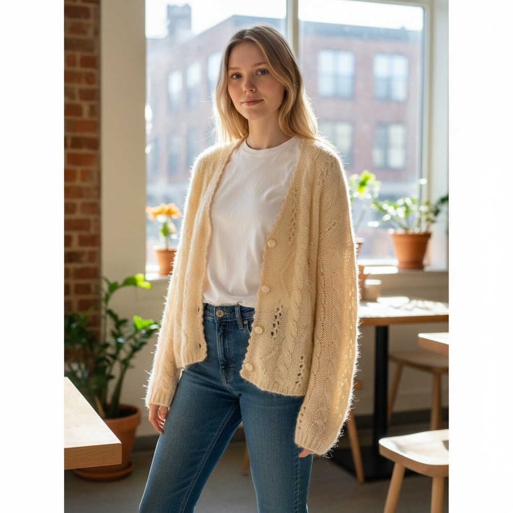 Sostanza Vintage Cream Pointelle Cable Knit Button Cardigan‎ Sweater Cottage